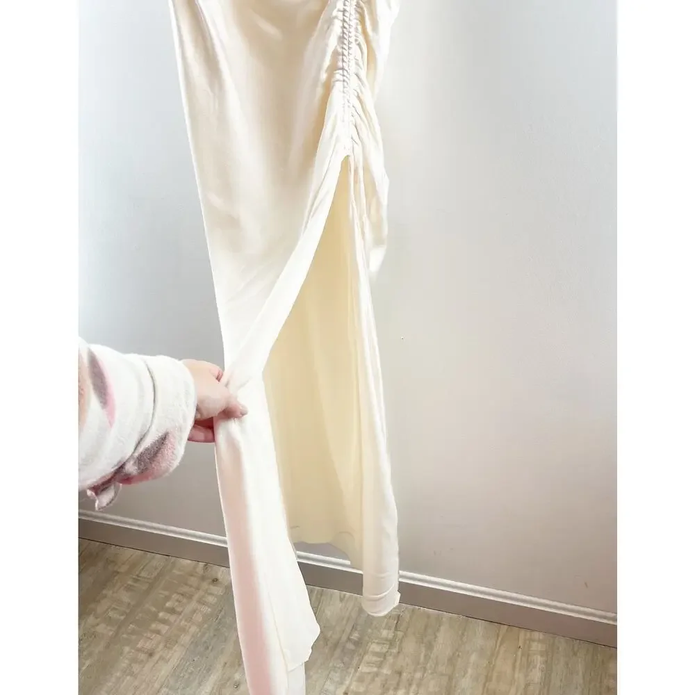 Shona Joy La Lune Ruched Side Slit Maxi Formal Slip l Dress Gown Cream 4 - Picture 9 of 12